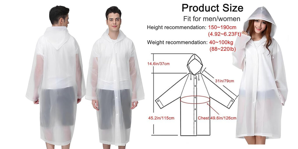 size chart for light raincoat