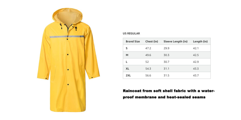 size chart rubberized heavy raincoat